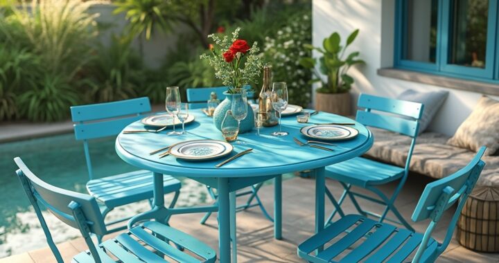 table de jardin bleu turquoise