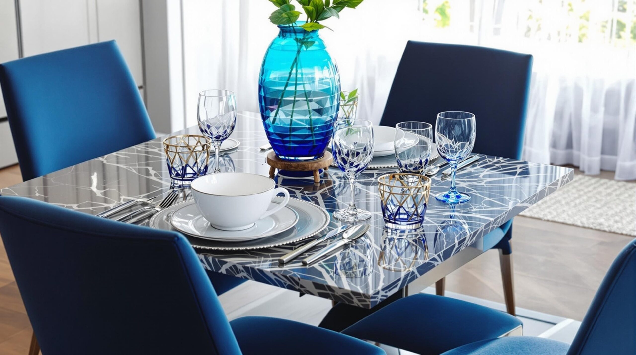 deco table bleu marine et argent