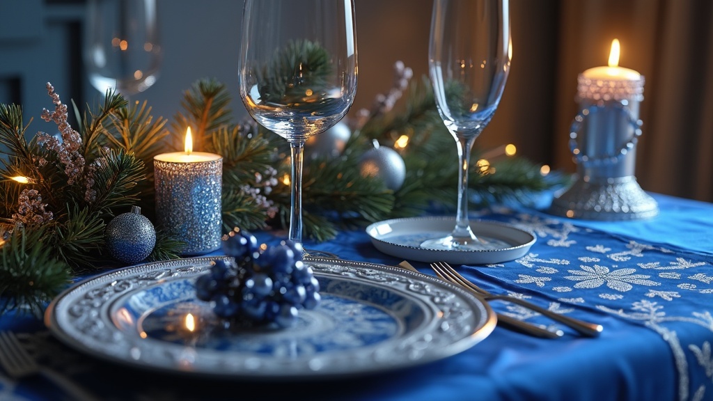 table de noel bleu et argent